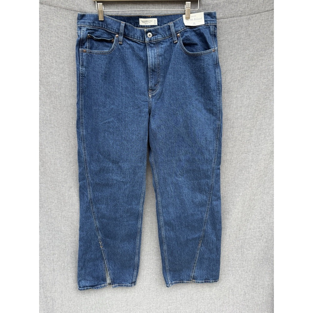 NWT Abercrombie Fitch 90s Relaxed Jeans 33 Blue High Rise Front Seam Split Hem‎